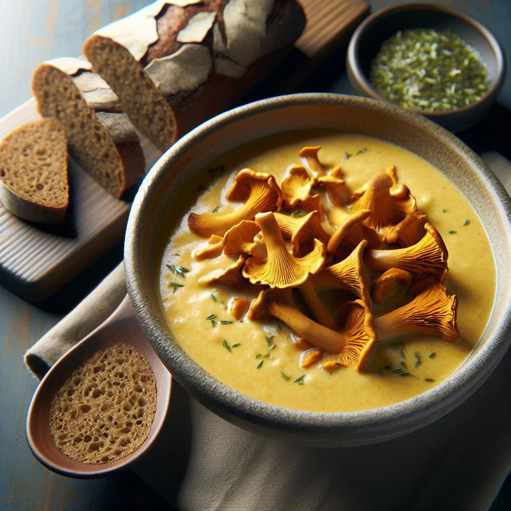 Creamy Finnish funnel chanterelle soup garnished with fresh parsley