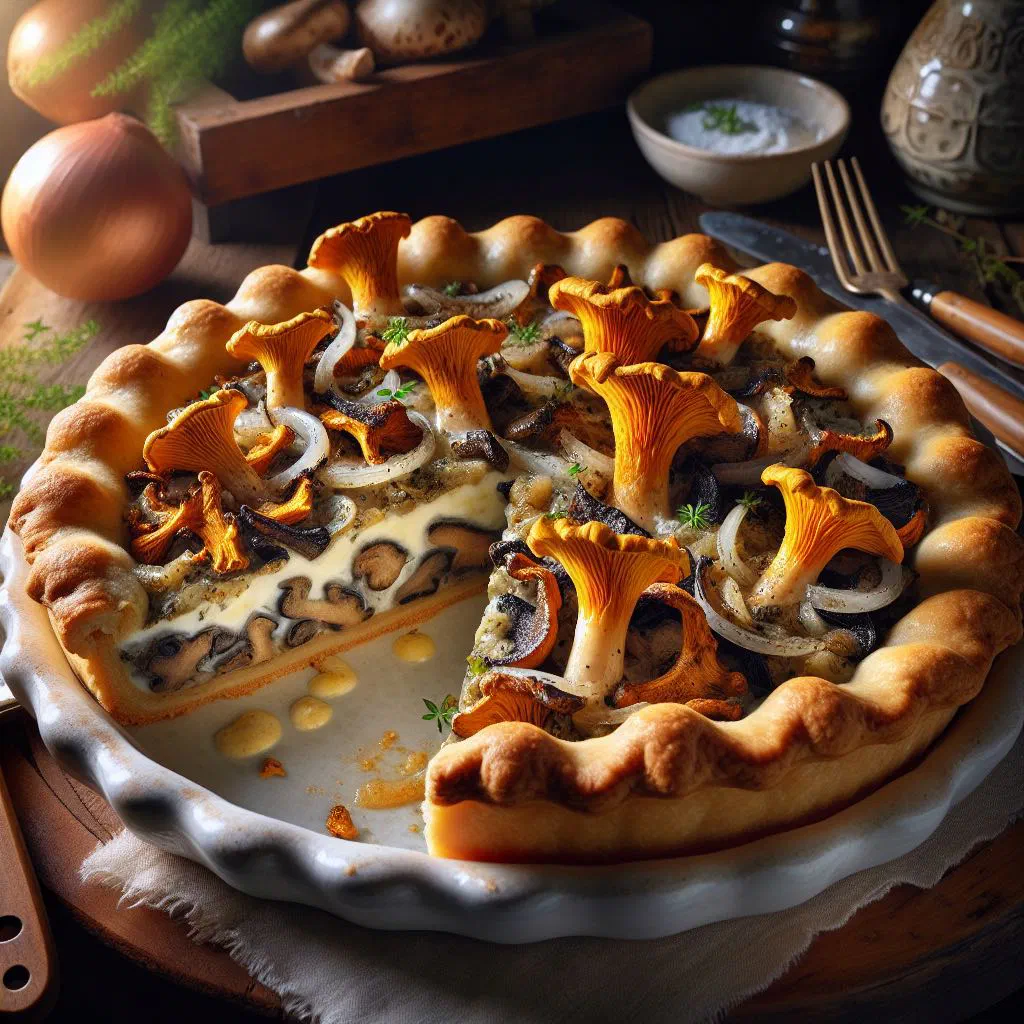 Golden Finnish funnel chanterelle pie with a creamy mushroom filling, garnished with fresh herbs