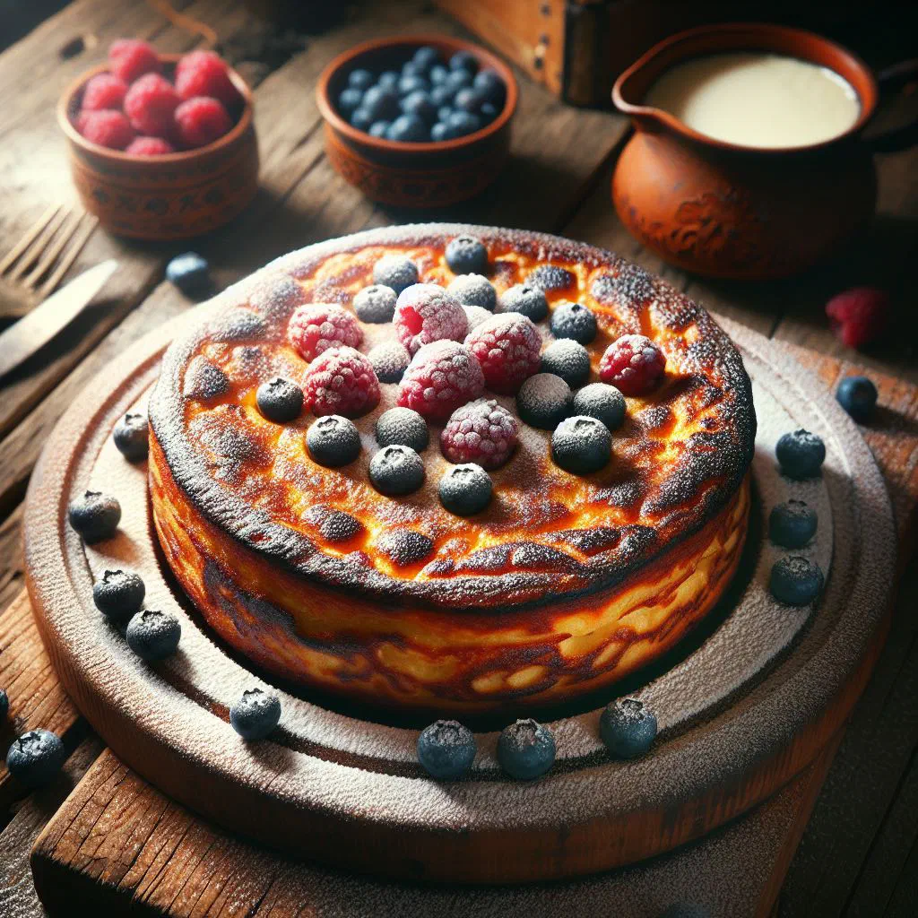 Golden Finnish oven pancake in a baking tin, dusted with sugar and topped with berries