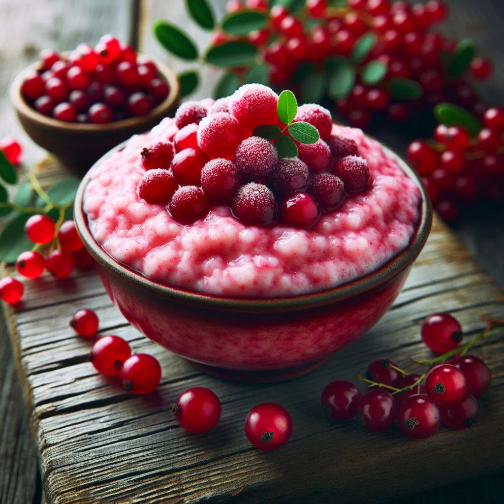 Pink whipped lingonberry semolina pudding in a bowl with cream and fresh berries