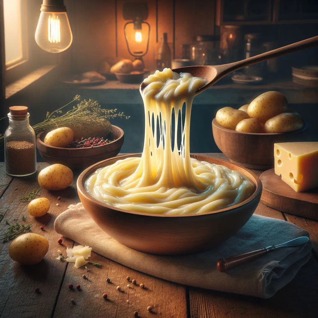 Creamy aligot being stretched into long cheesy ribbons with a wooden spoon