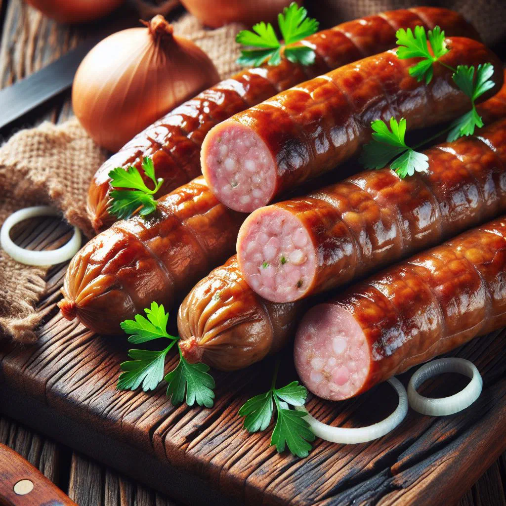 Pan-fried andouillettes de Troyes served with fresh baguette and onions