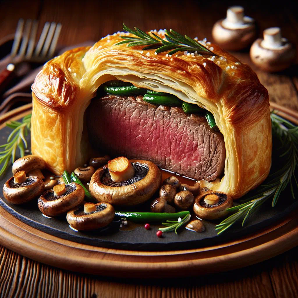 Sliced Beef Wellington with golden puff pastry and pink beef fillet