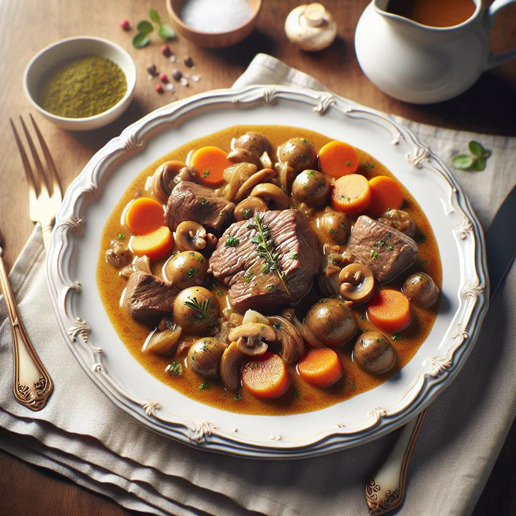 Blanquette de veau, tender veal in a creamy white sauce with carrots