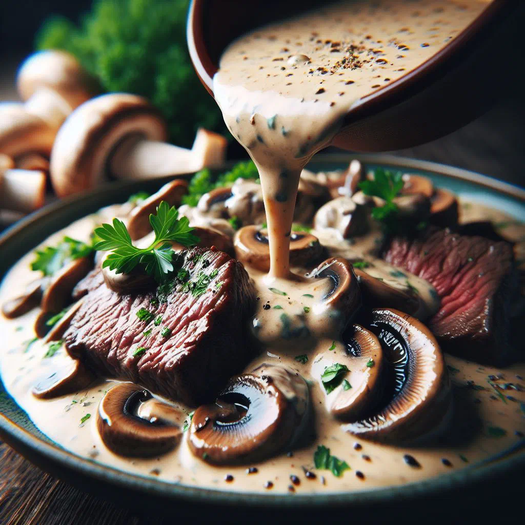 Boeuf Stroganoff with tender beef strips in a creamy mushroom sauce