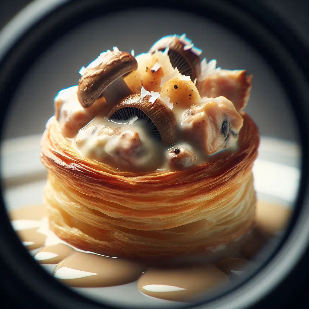 Bouchée à la reine puff pastry case filled with creamy chicken and mushroom sauce