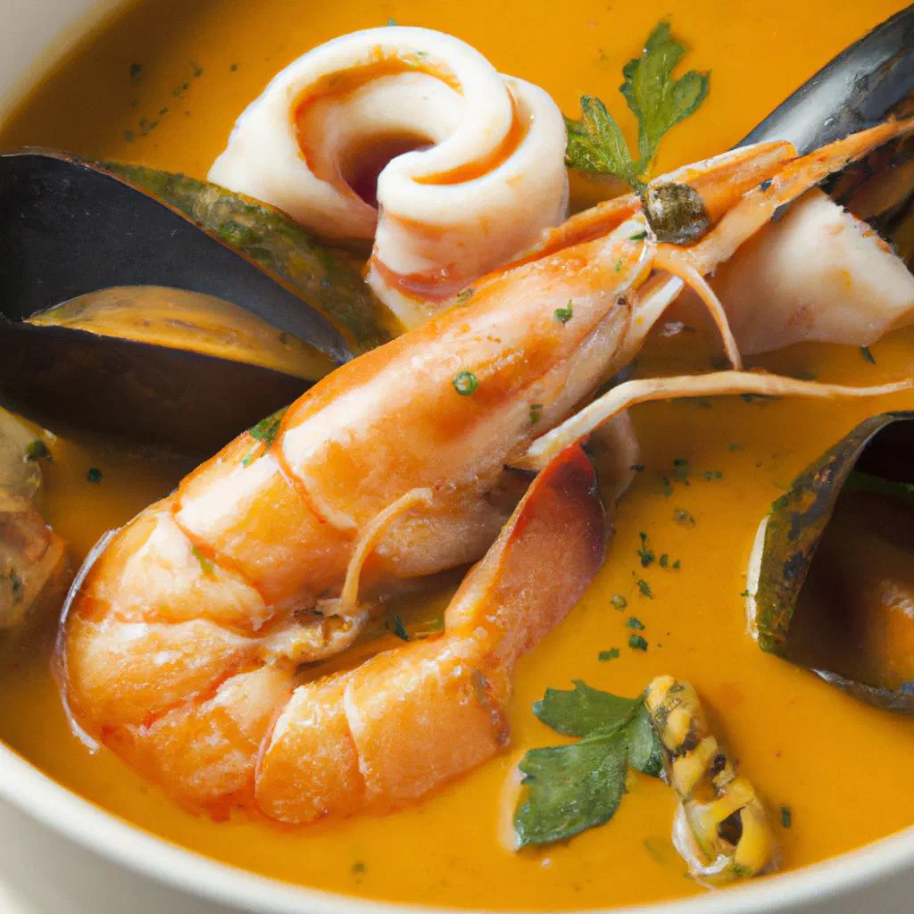 A steaming bowl of bouillabaisse with chunks of fish, mussels and prawns in a saffron broth