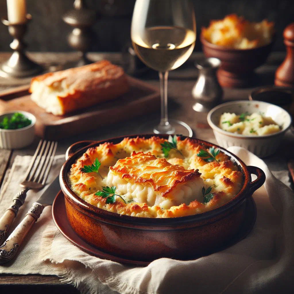 Baked brandade parmentière with a golden crust, garnished with fresh herbs