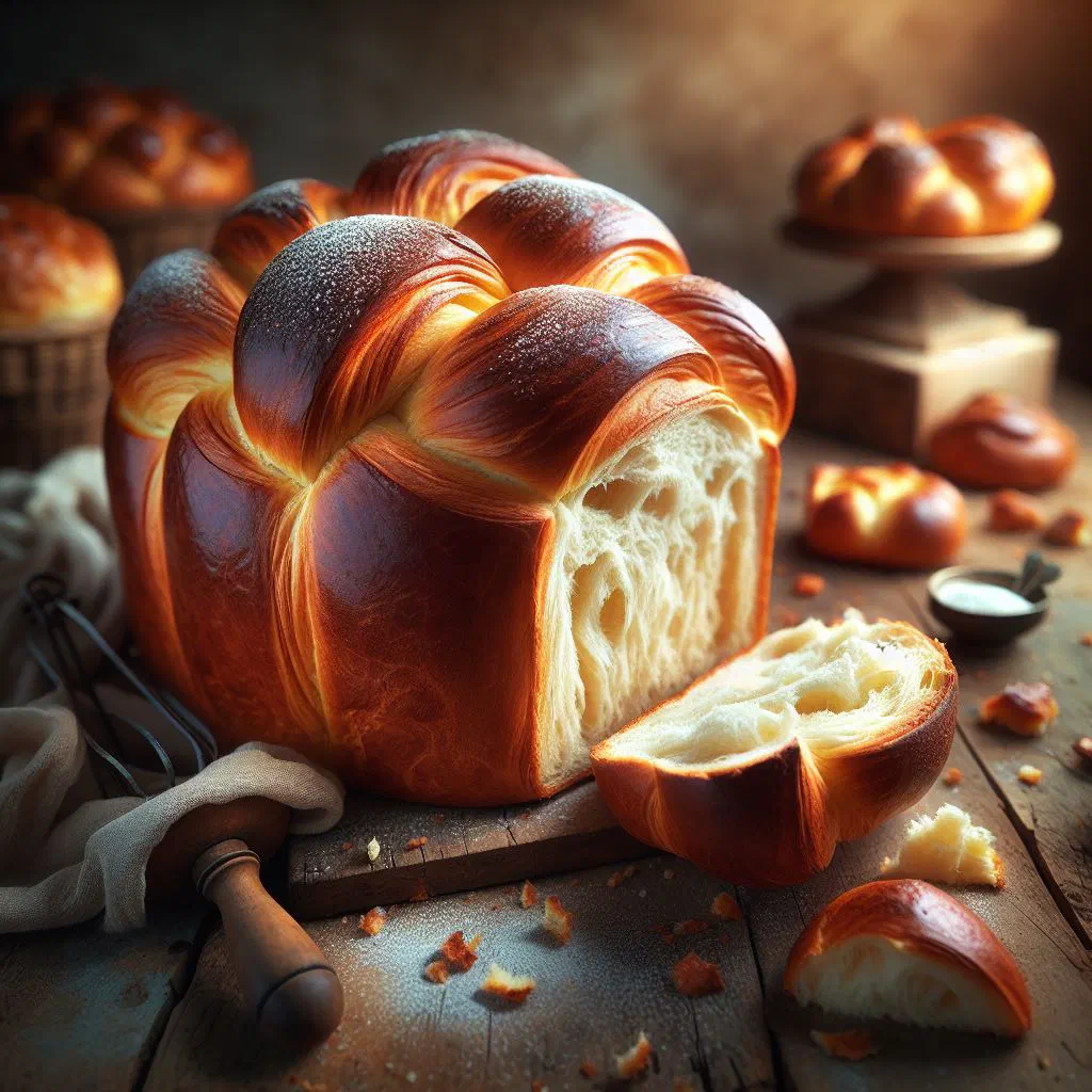 Golden, fluffy French brioche loaf with a soft buttery crumb