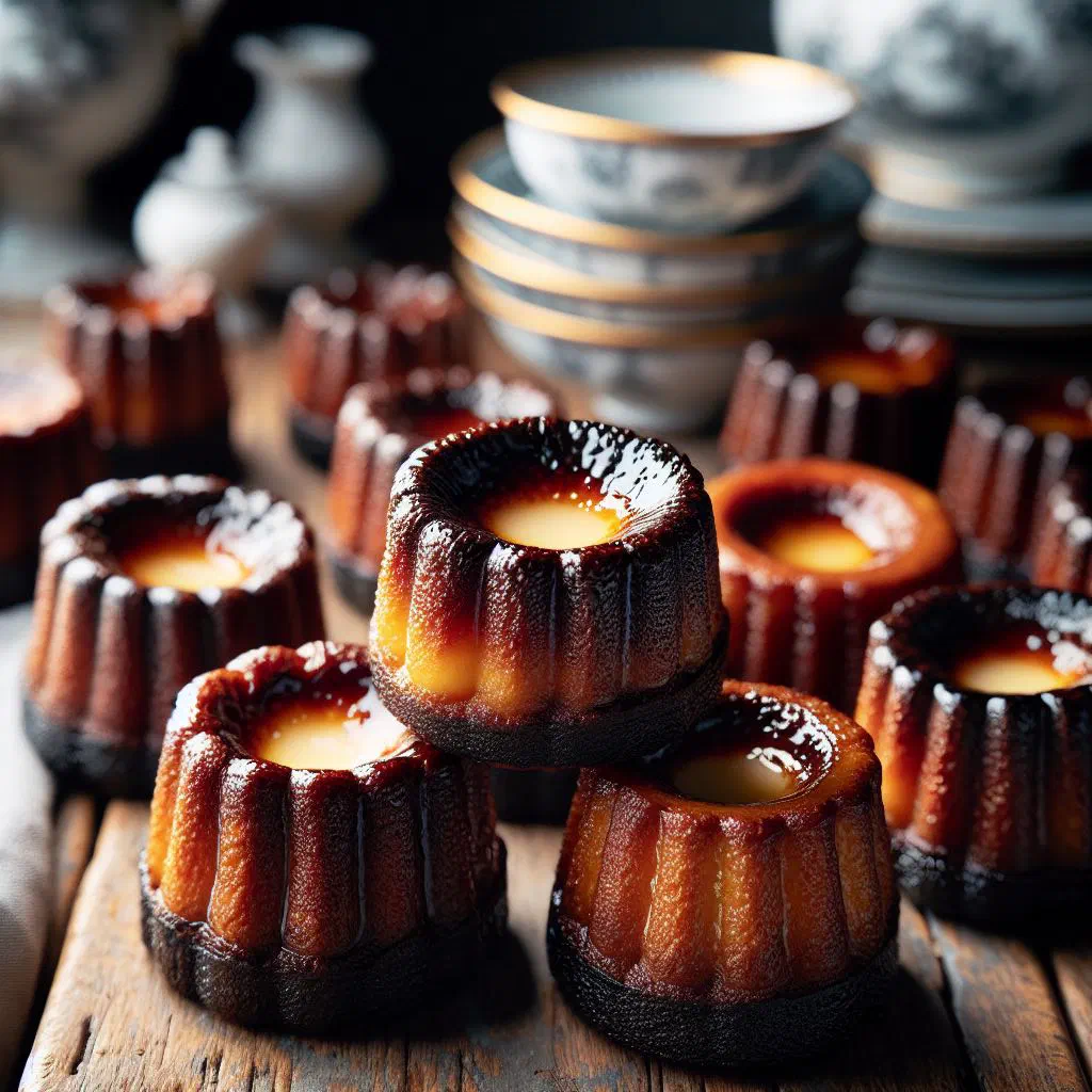 Golden canelés de Bordeaux with caramelised crusts on a serving plate