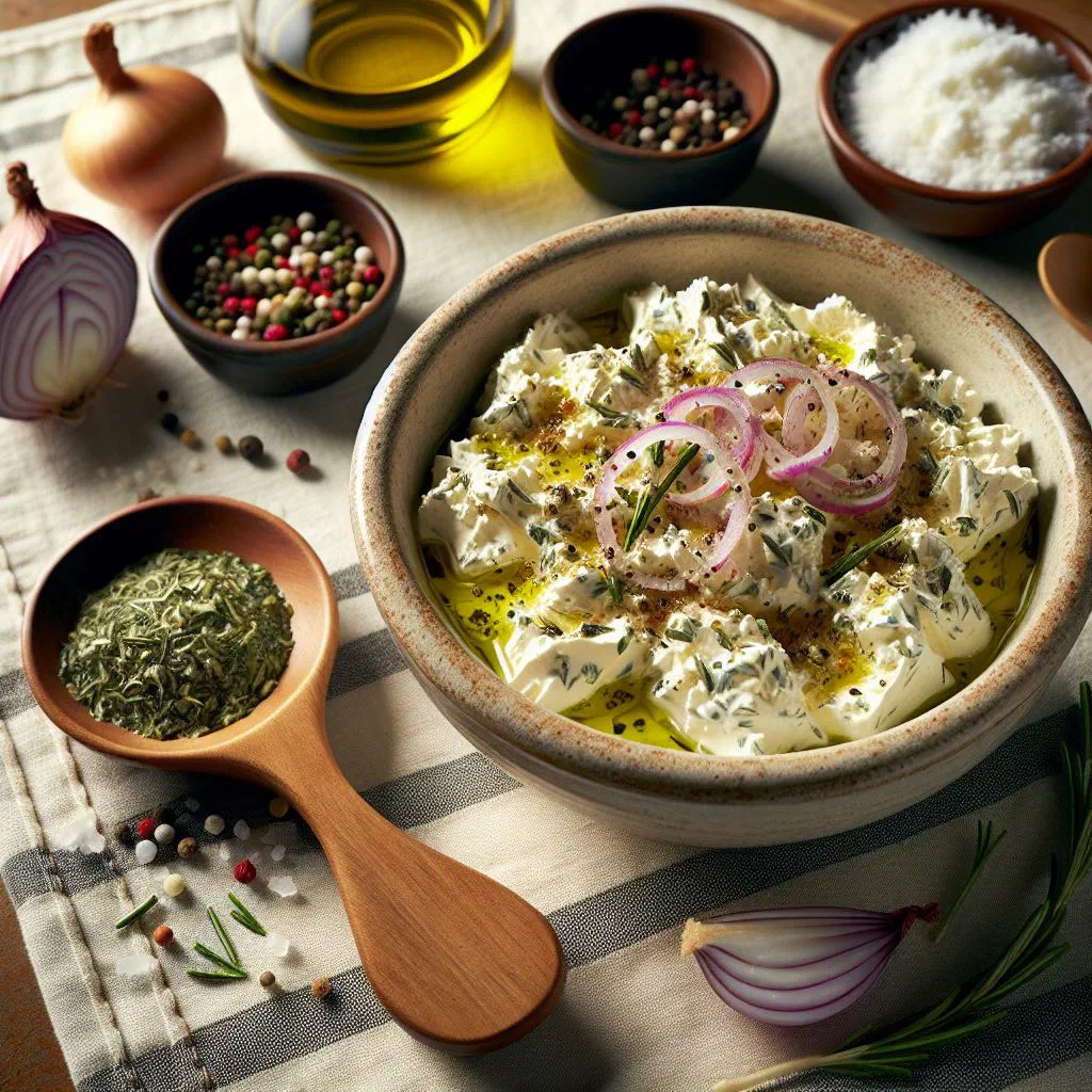 Bowl of cervelle de canut herb cheese garnished with chives and served with baguette
