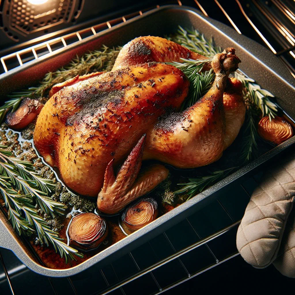 Golden roast capon with herbs and vegetables on a serving board