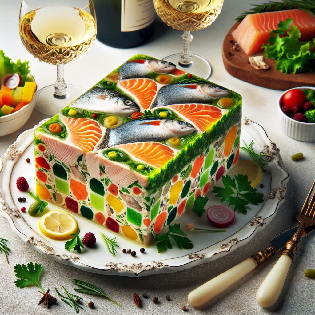 Chartreuse de poissons, a moulded seafood and herb bake garnished with fresh herbs