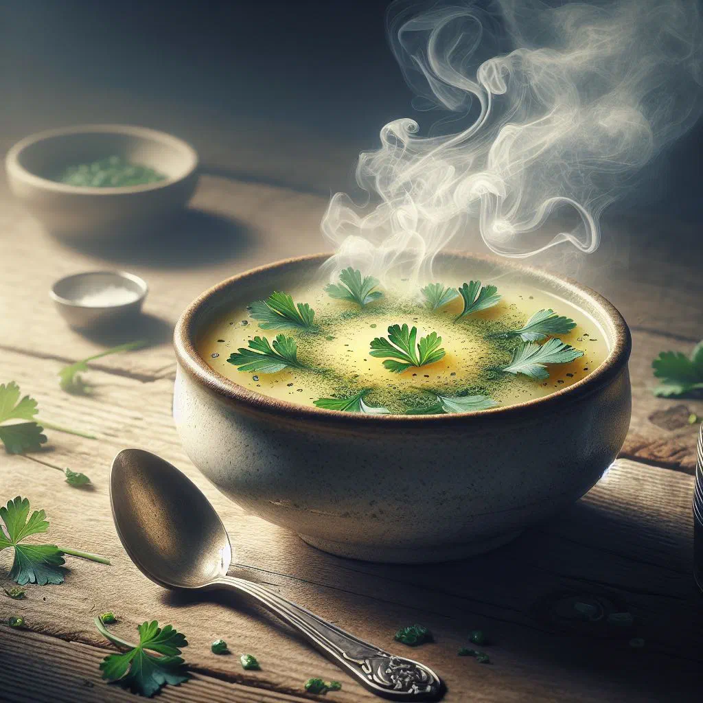 A creamy bowl of chervil soup garnished with fresh chervil leaves