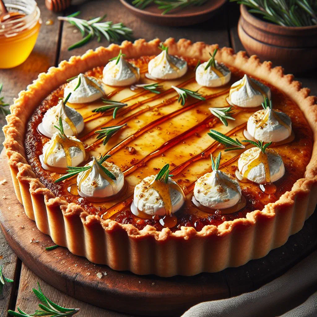 Golden goat's cheese and honey tart topped with fresh thyme