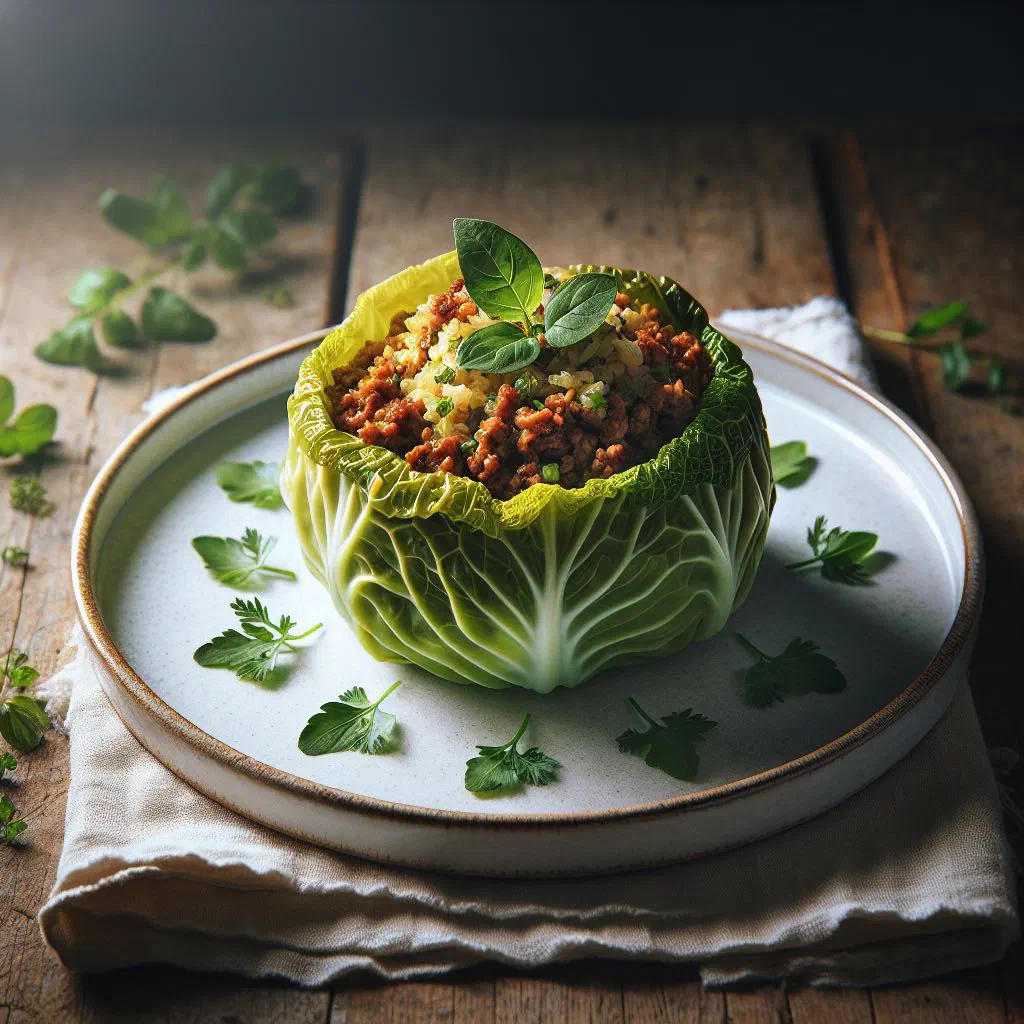 Stuffed cabbage rolls of chou farci garnished with fresh herbs