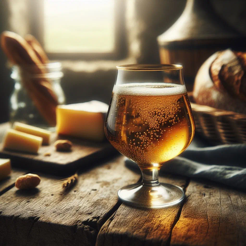 Glass of golden French cider garnished with apple slices and cinnamon