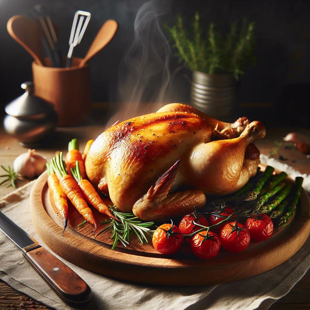 Golden roasted spring chicken with lemon slices and fresh herbs