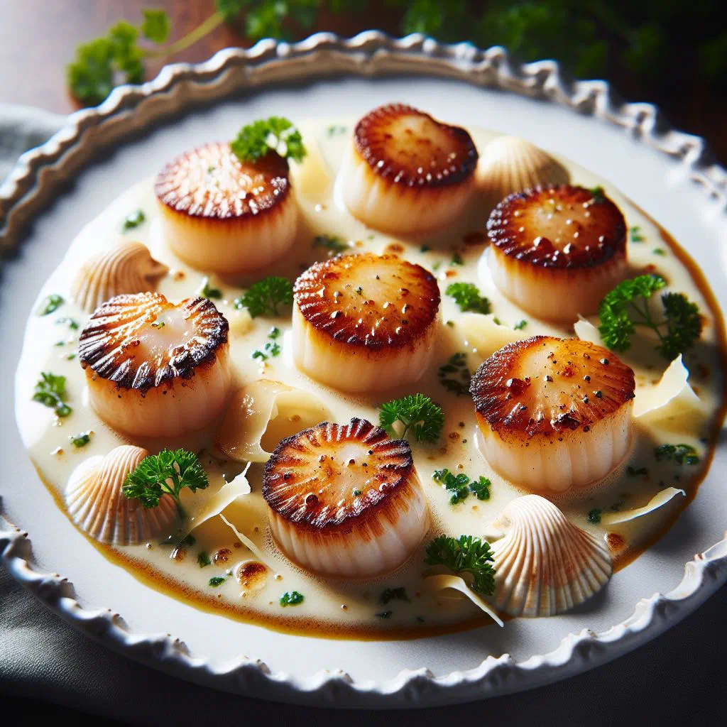 Coquilles Saint-Jacques with a golden Parmesan crust served in scallop shells