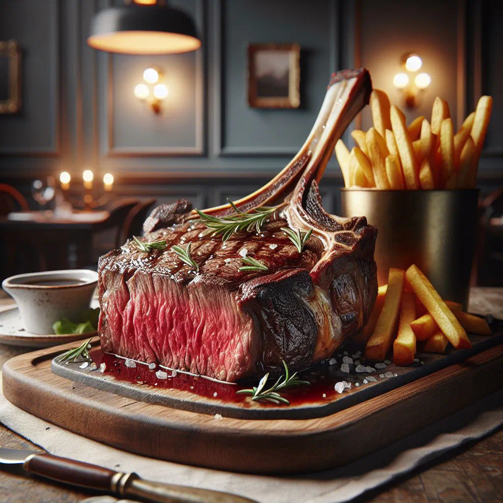 Grilled côte de boeuf rested and sliced, garnished with fresh herbs