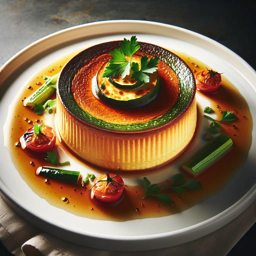 A golden, set courgette flan garnished with fresh herbs