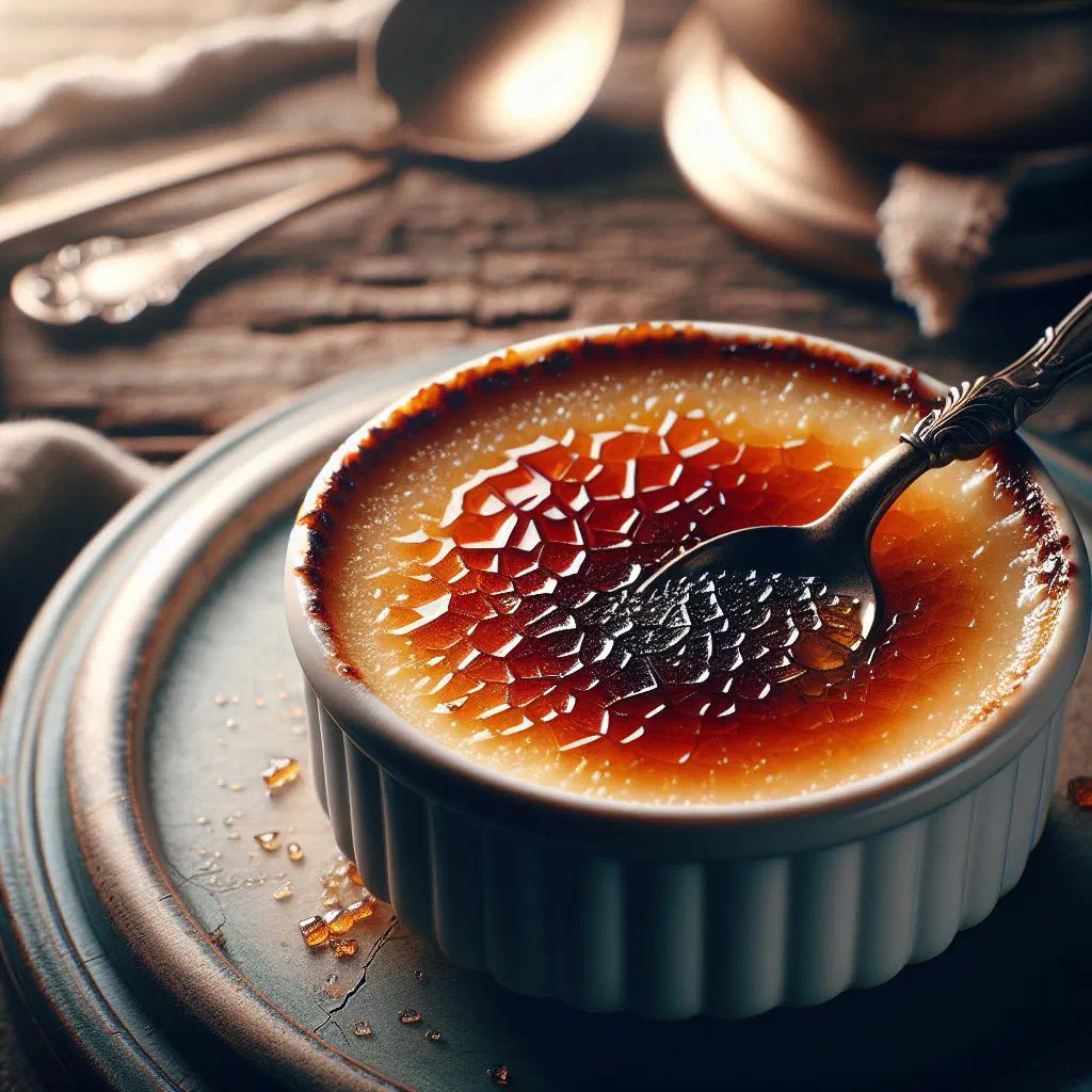 Crème brûlée in a ramekin with a crackling caramelised sugar crust