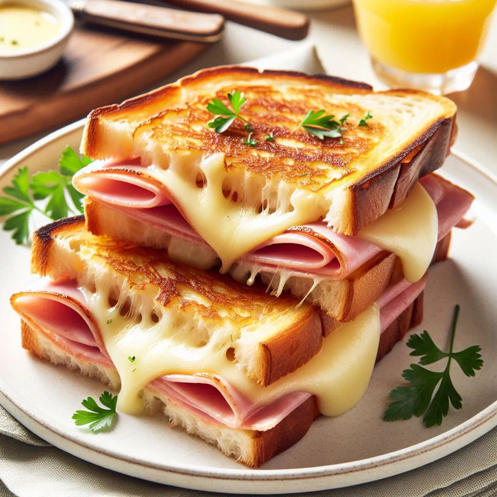 Golden croque-monsieur cut into quarters with melting cheese
