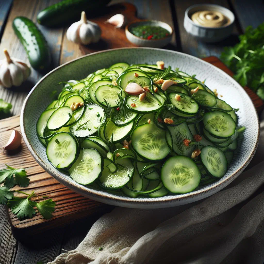 French cucumber salad with thinly sliced cucumber, red onion and fresh herbs