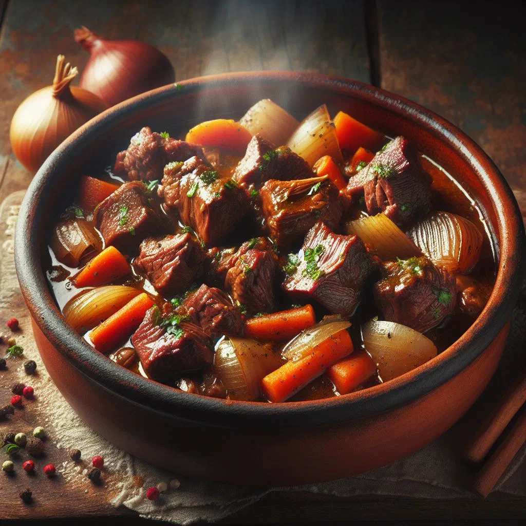 Rich wild boar stew braised in red wine, served in a rustic bowl