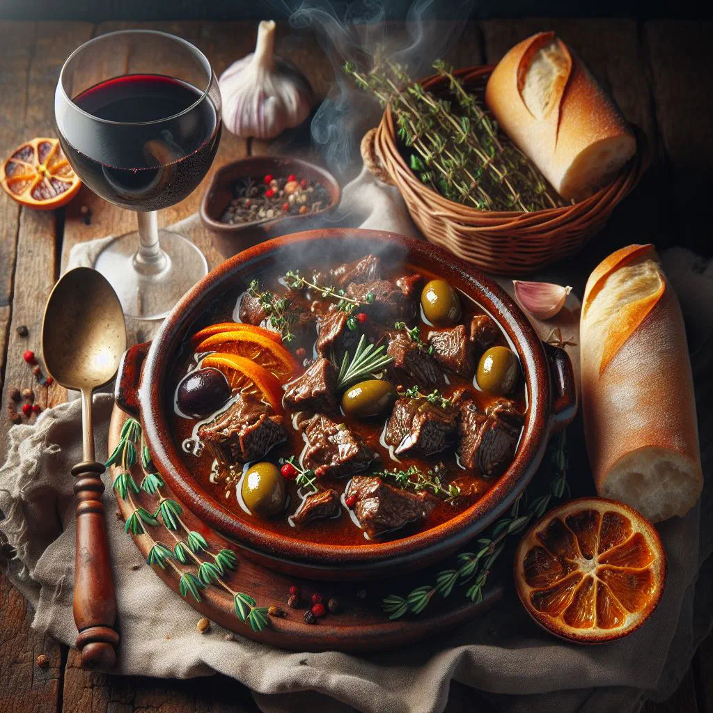 Daube provençale beef stew slow-cooked in red wine with carrots and herbs
