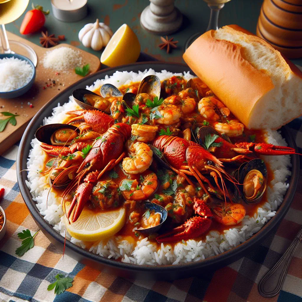 Étouffée with prawns in a rich sauce, garnished with fresh parsley