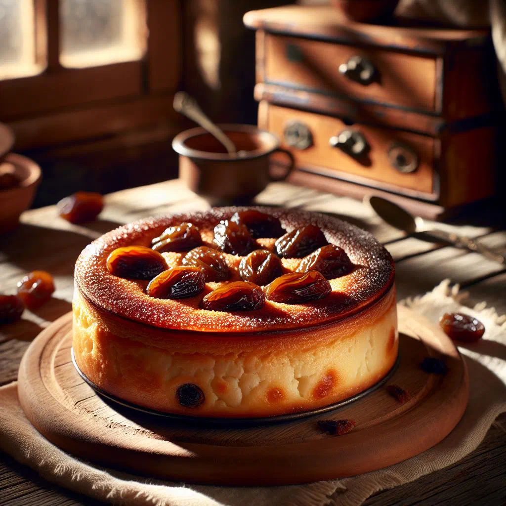 Golden far breton studded with prunes, sliced on a plate