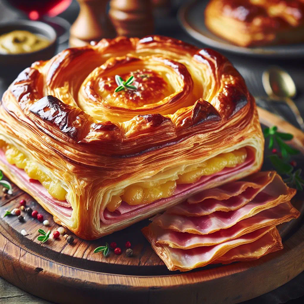 Golden puff pastry parcel filled with ham and melted cheese