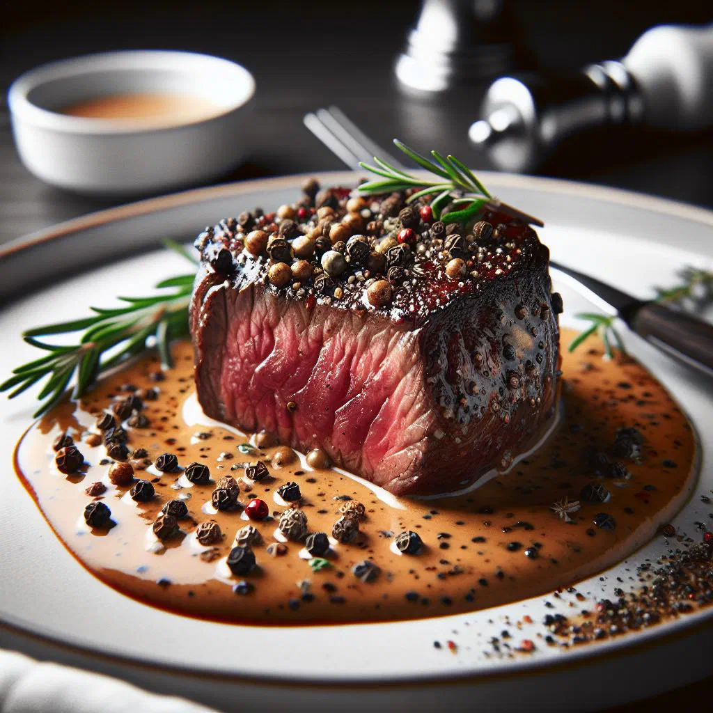 Pan-seared beef fillet glazed with a creamy peppercorn sauce