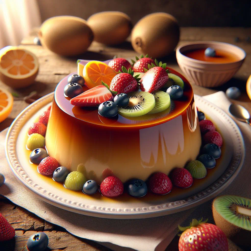 Creamy flan topped with fresh strawberries, kiwi and mango