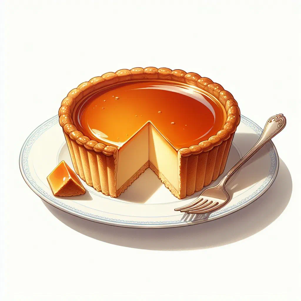 A slice of golden flan pâtissier with a creamy vanilla custard filling