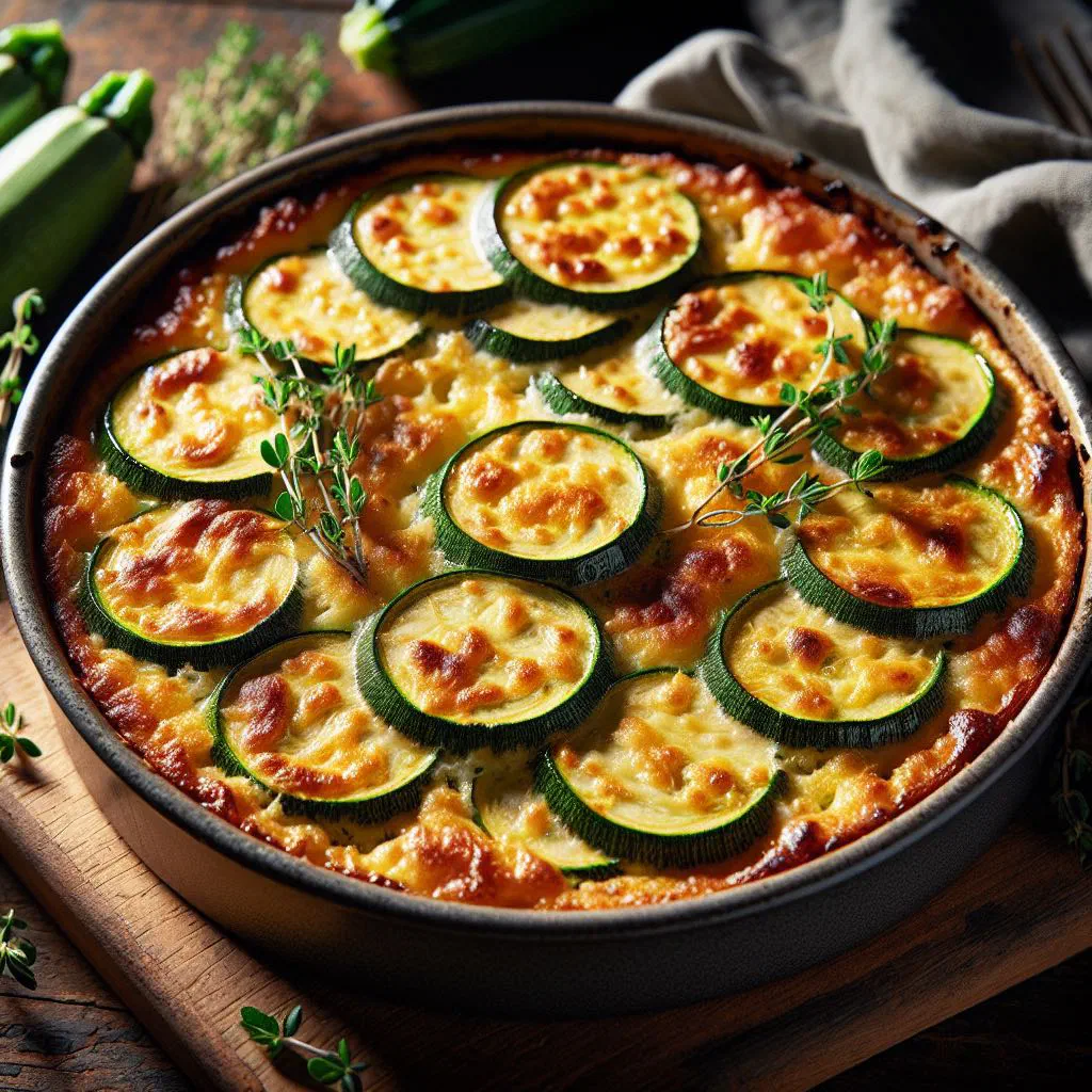 Golden baked courgette gratin topped with melted cheese and crisp breadcrumbs