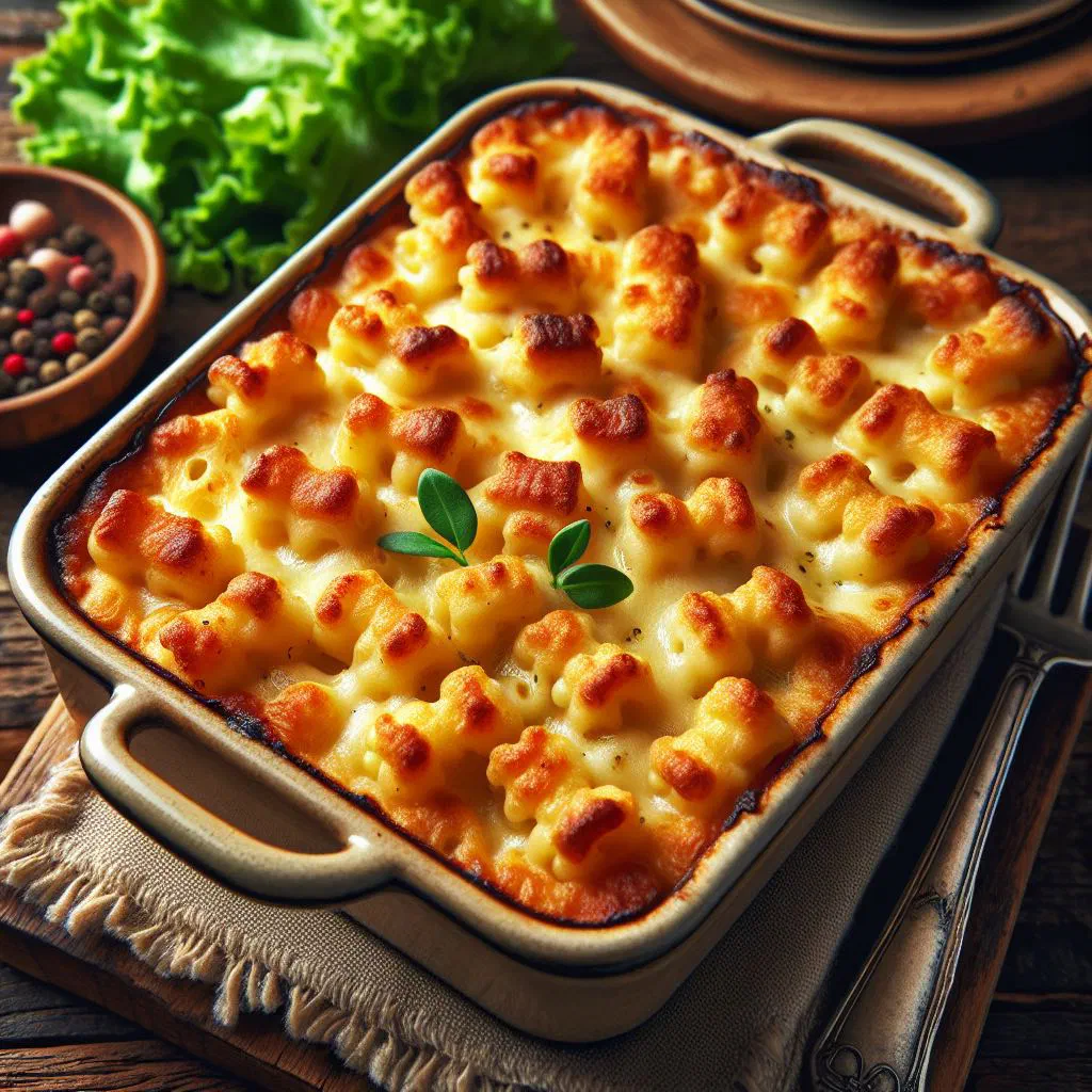 Golden baked gratin de crozets topped with melted Gruyère and fresh herbs