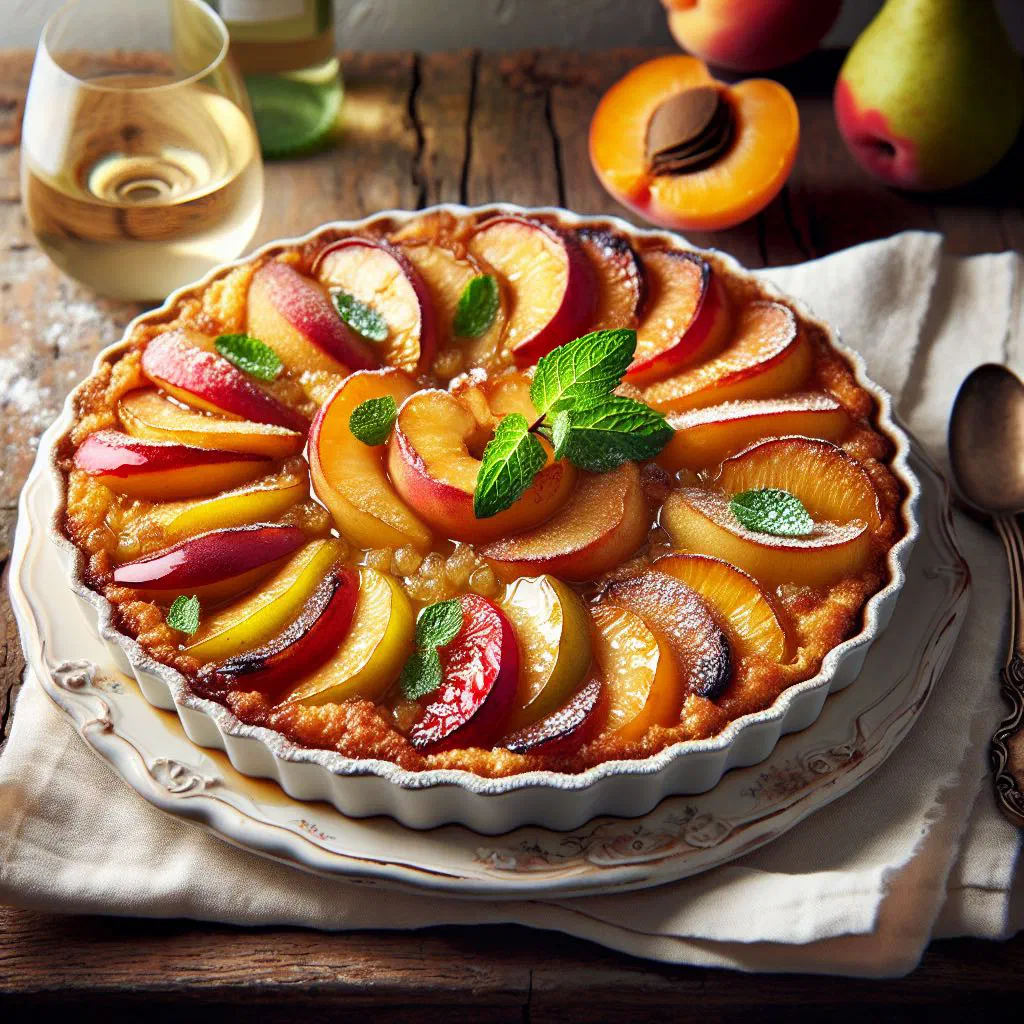 Fruit gratin with a golden caramelised top served warm in a dish