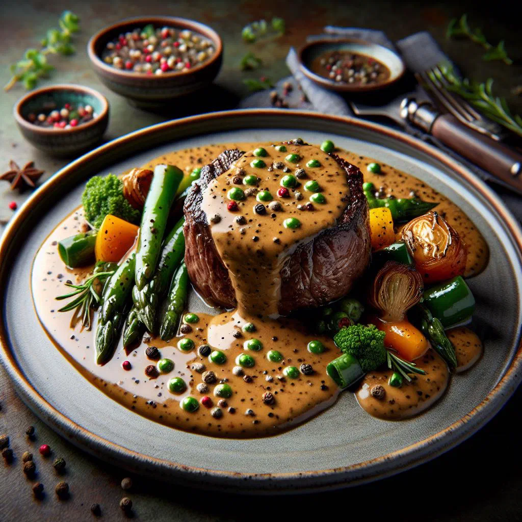 Creamy green peppercorn sauce in a pan, speckled with whole green peppercorns