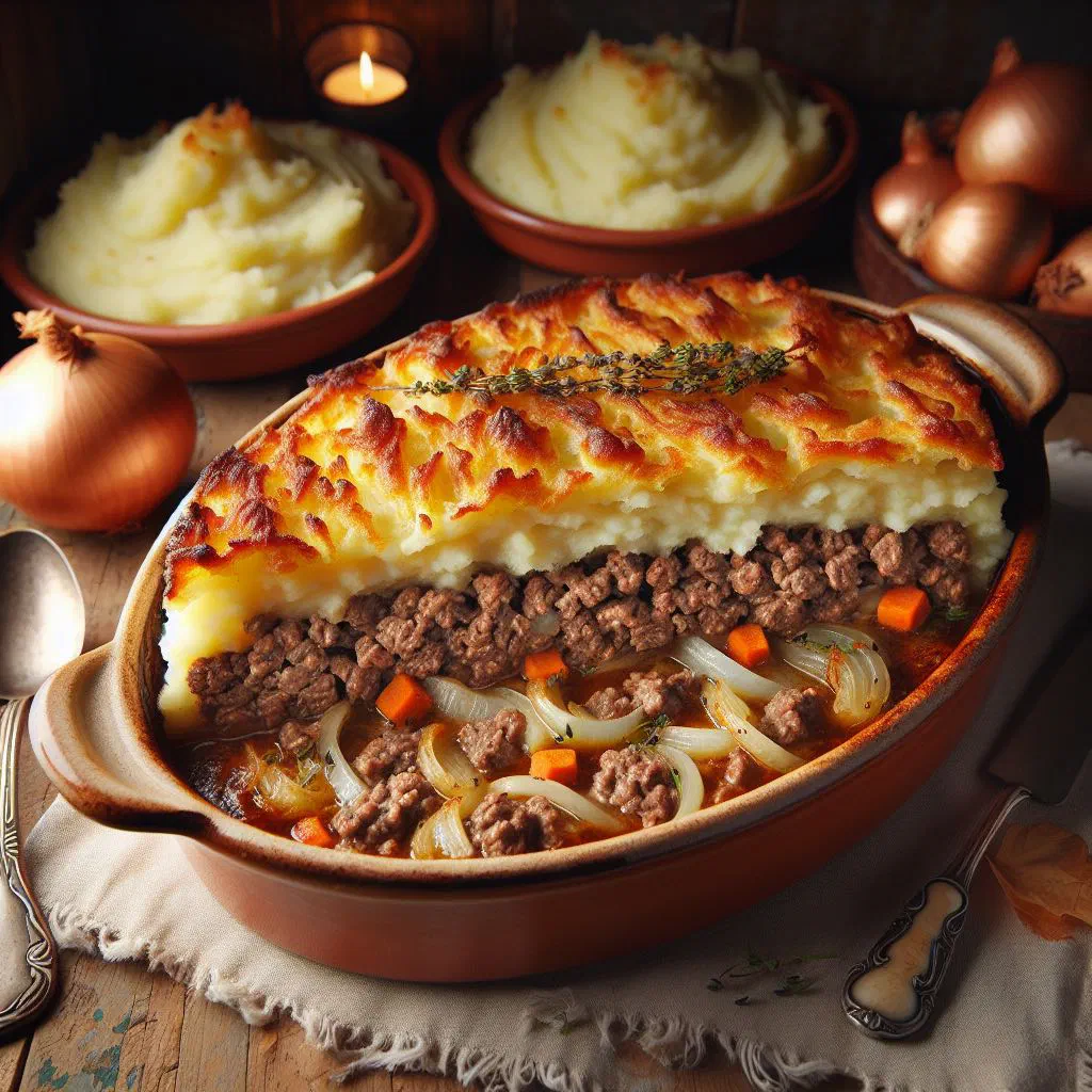 Golden-topped hachis parmentier baked in a dish with creamy mashed potato