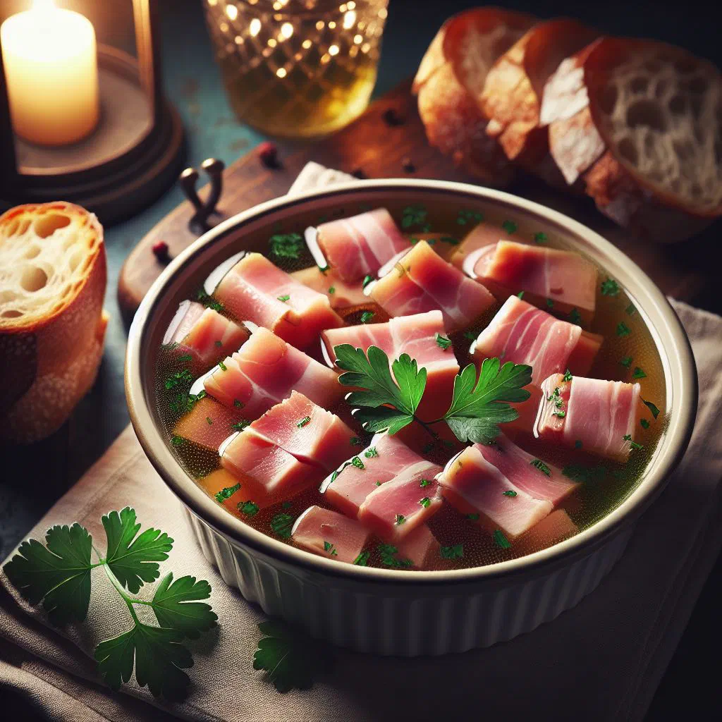 Sliced Jambon Persillé showing pink ham set in green parsley jelly