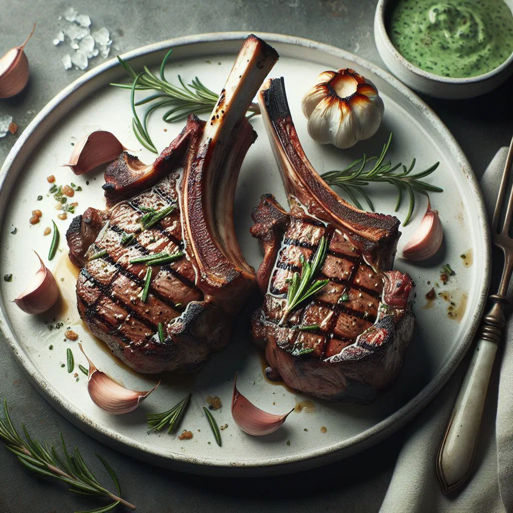 Pan-fried lamb chops with rosemary, thyme and lemon slices
