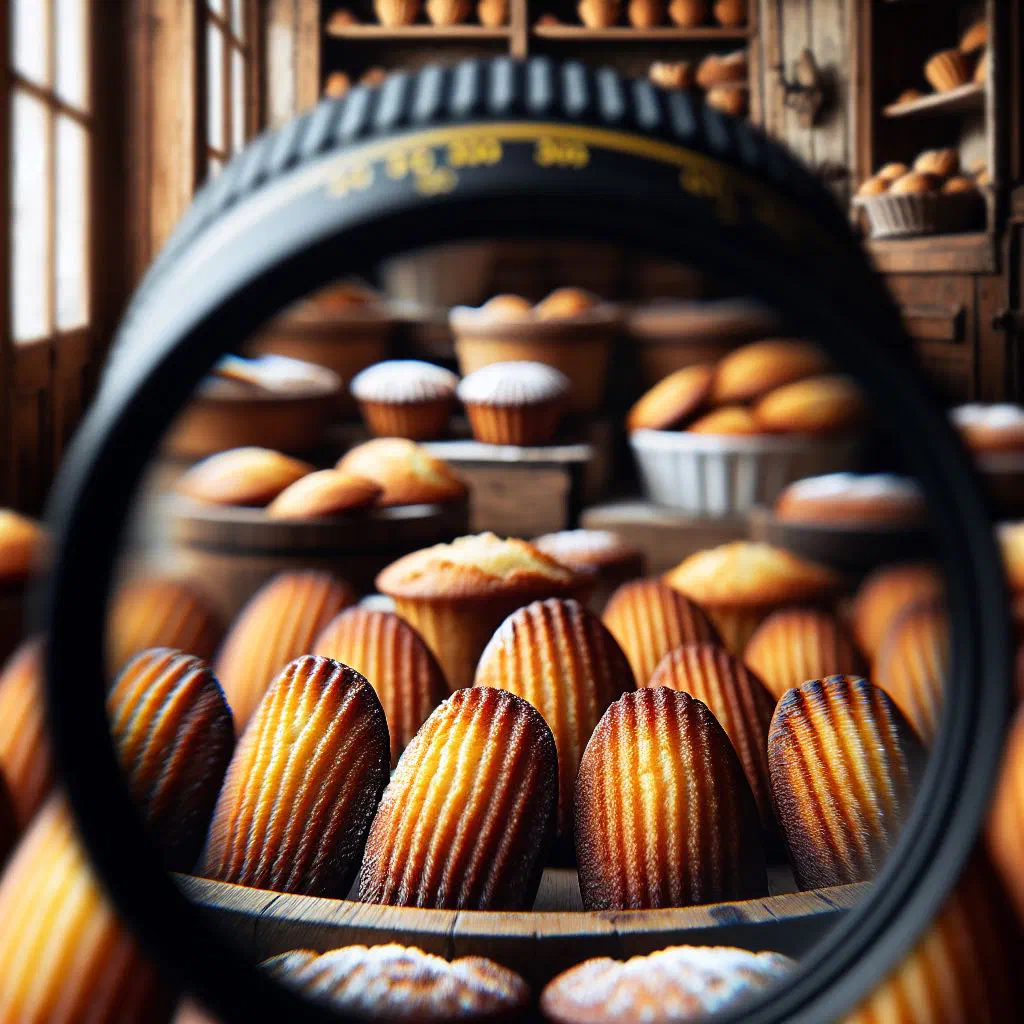 Golden shell-shaped madeleines dusted with icing sugar