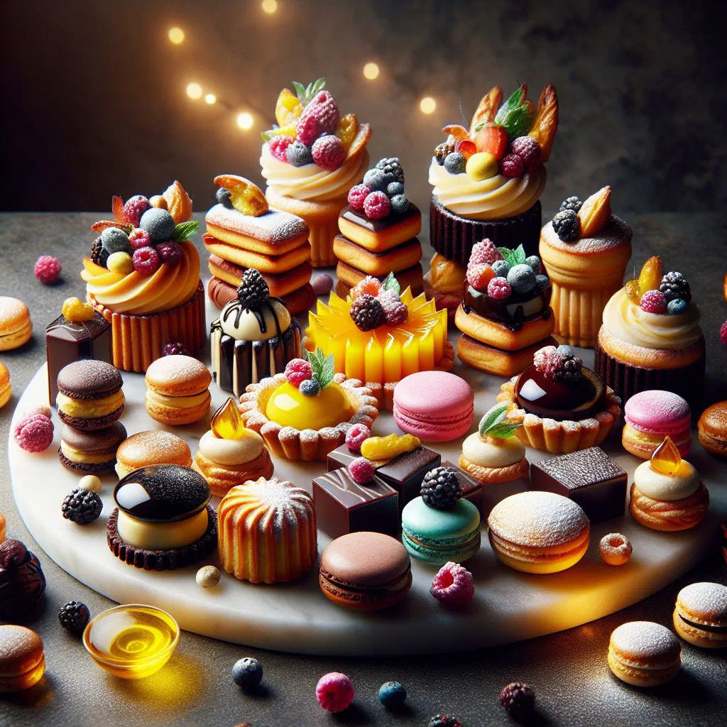 Assortment of dainty French mignardises decorated with edible flowers on a plate