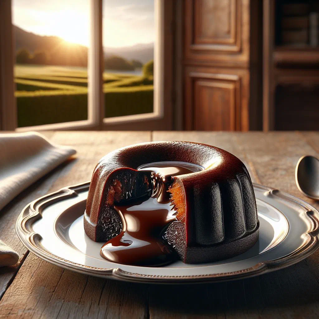 Moelleux au chocolat with a molten centre dusted with icing sugar