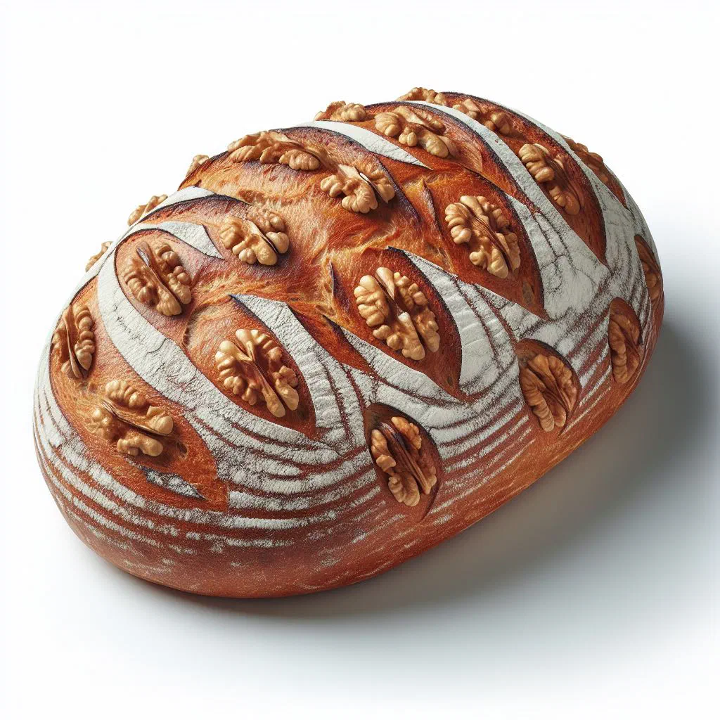 Sliced French walnut bread on a rustic wooden board