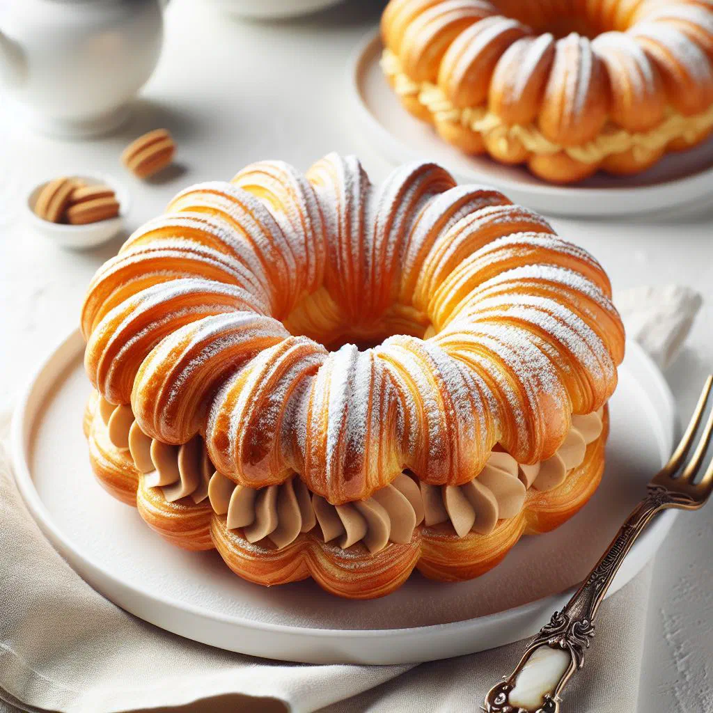 Ring-shaped Paris-Brest filled with praline cream and dusted with icing sugar
