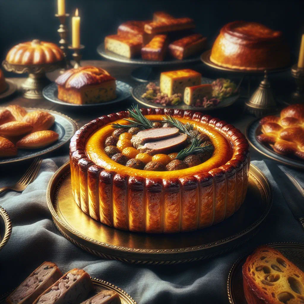 Golden pâté en croûte with a flaky pastry crust and meat filling