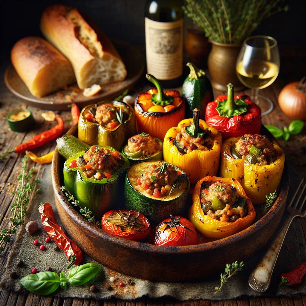 Baked stuffed Provençal vegetables with golden minced meat filling